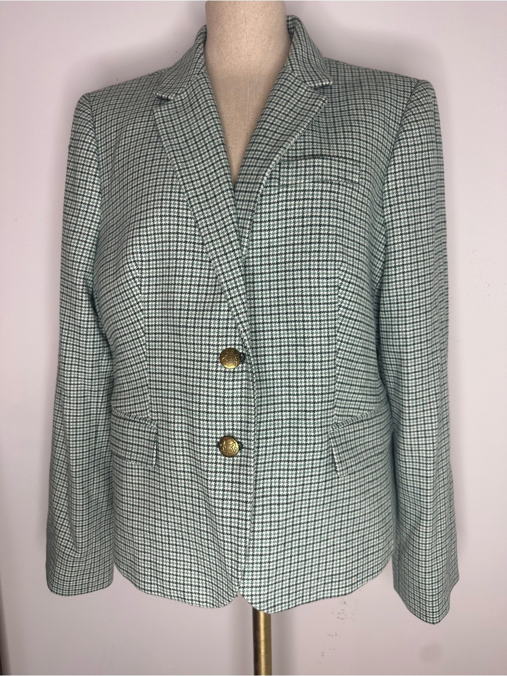 J.Crew Factory Schoolboy Blazer in Green Houndstooth Wool Blend (Style BJ827).